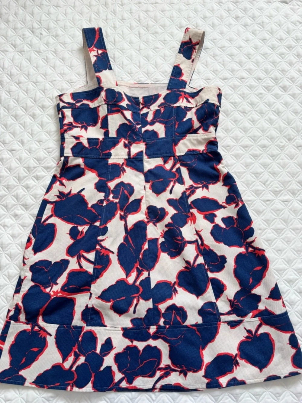 Lands' End Cream Blue Red Floral Midi Dress Cotton Canvas Wide Straps Size 12